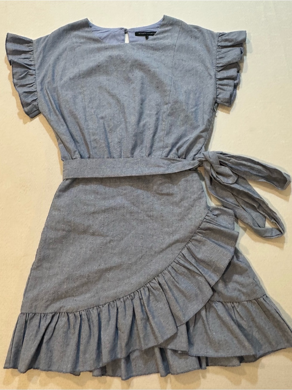 Etophe Studios Blue Metallic Stripe Ruffle Wrap Dress M
